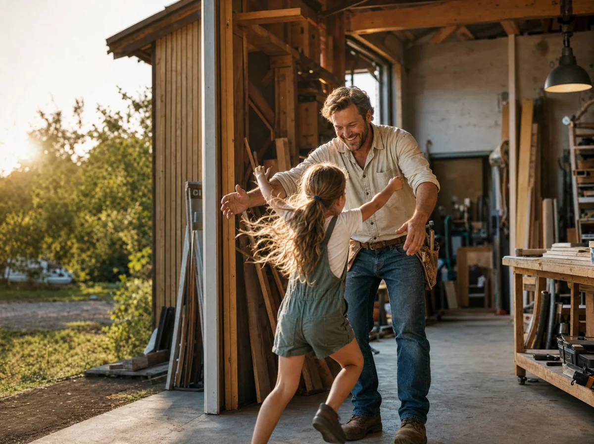 A carpenter greeting his daughter at his workshop at the end of the day