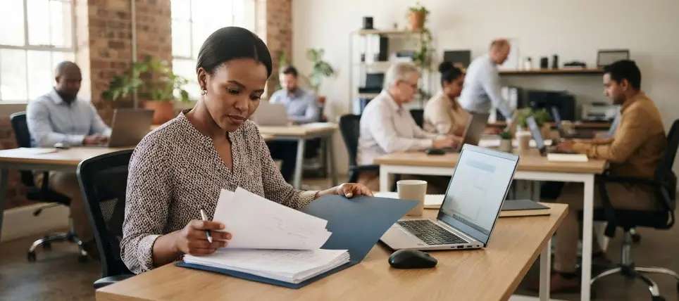 A bookkeeper reviewing a set of accounts at her desk in an open-plan office