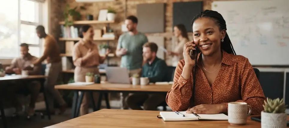 A customer-support agent taking a call at a shared table with colleagues behind her