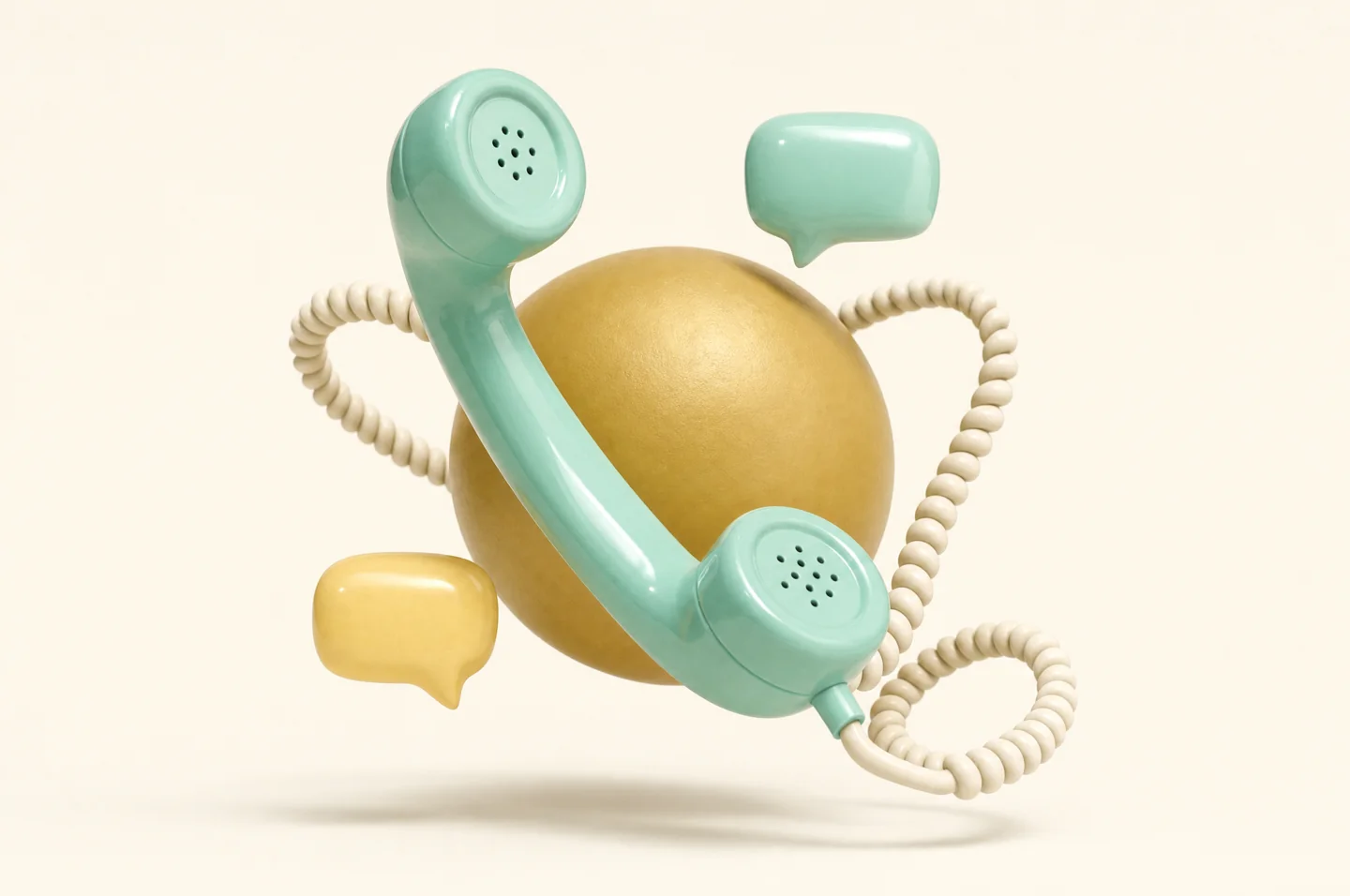 A sculptural teal telephone floating with gold and mint conversation bubbles