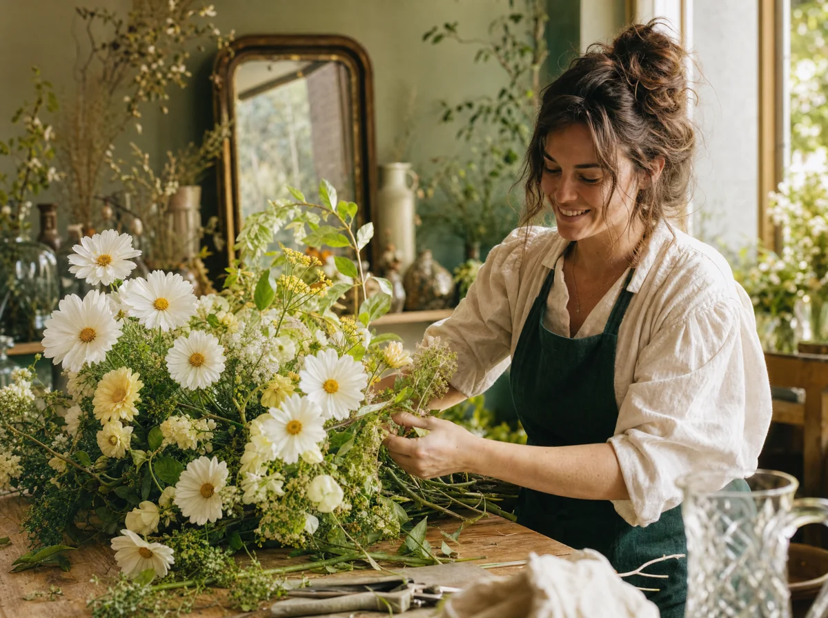 A florist focused on arranging flowers in her sunlit shop
